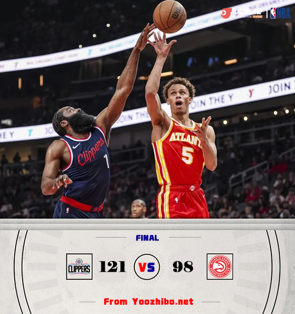 NBA简报:快船121-98击退老鹰 哈登25+8+7 小卡25+6+5断 杨18中6+7失误